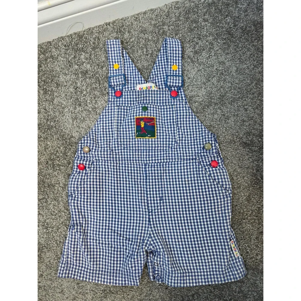 Vintage Gymboree Blue White Gingham Baseball Shortall Overalls Kids Small 90s